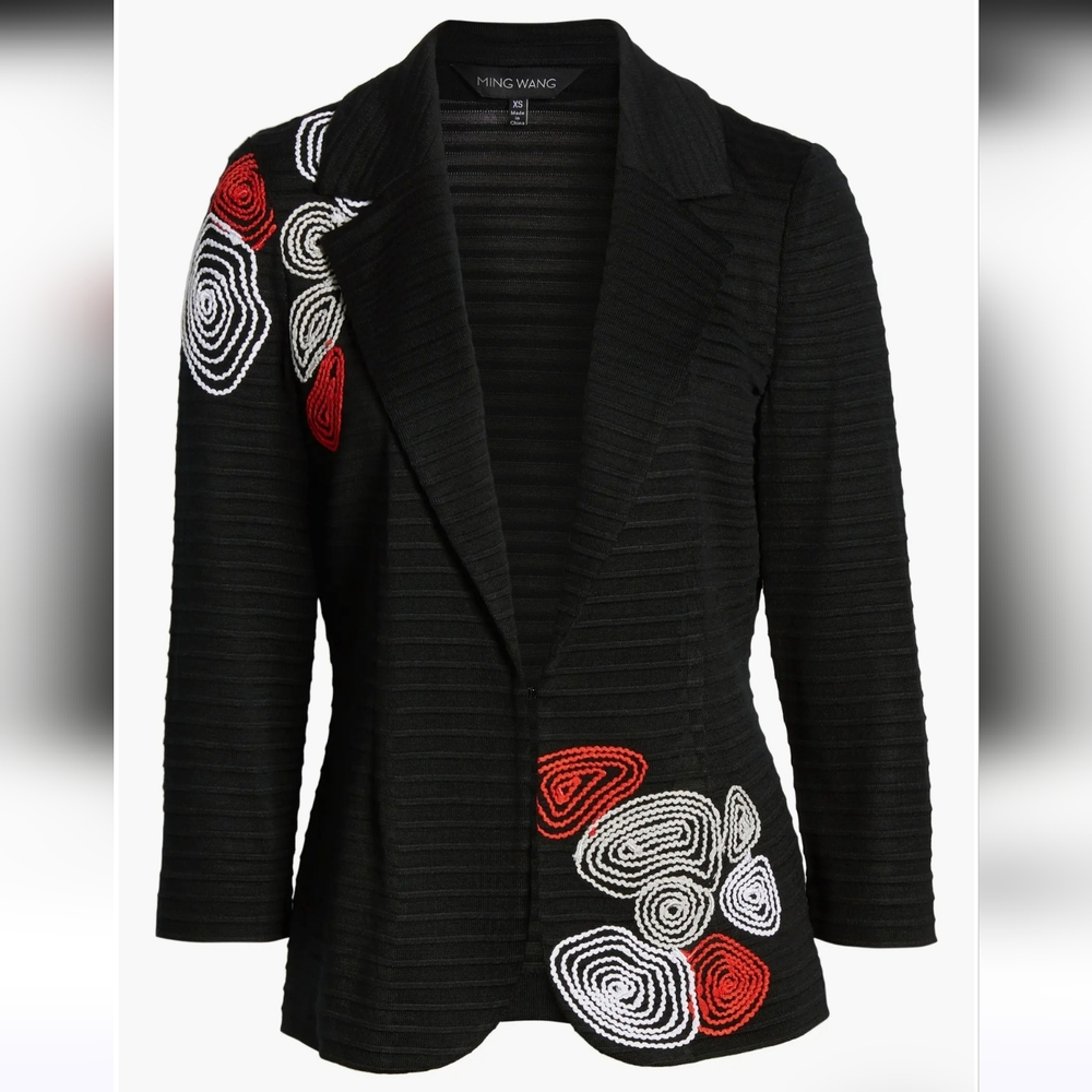 Ming Wang Black Blazer with Red and White Embroidery Sz Large - Picture 2 of 13